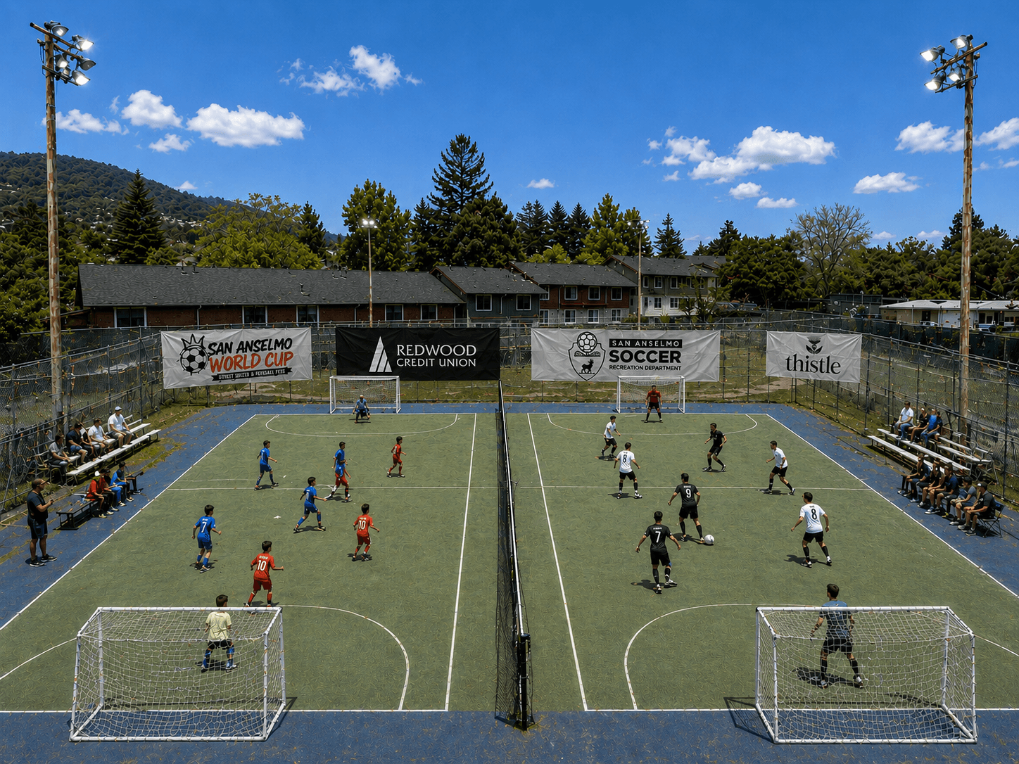Two 5v5 matches in progress at Memorial Park, San Anselmo, with sponsor banners and spectators on a sunny day